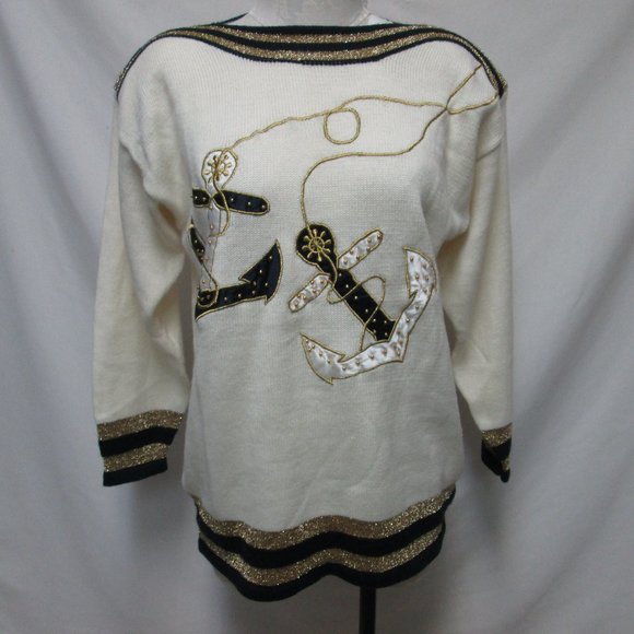 Amoda Vintage Nautical embroidered beaded Anchor Sweater Size Sz X Large XL - Picture 1 of 14